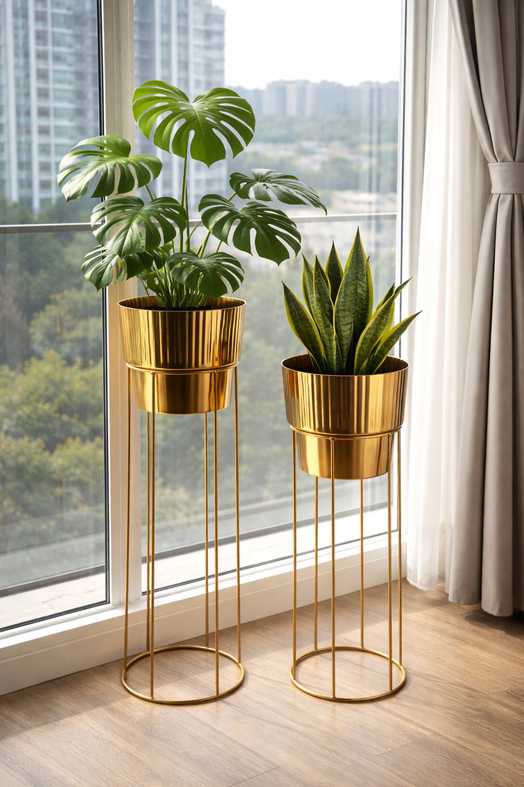 Gold metal planters on tall stands beside a window